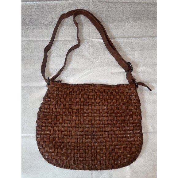 Vilenca Holland Woven Leather Cognac Crossbody Hobo Saddle Bag 11X14 - Picture 1 of 5